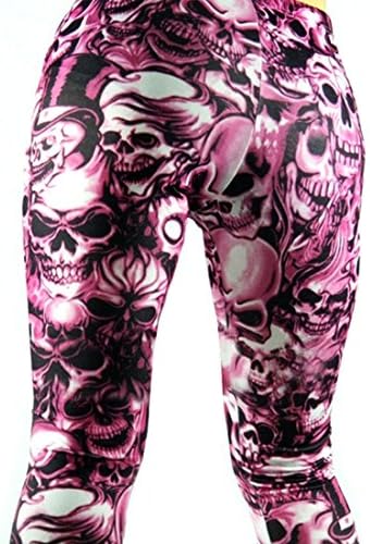 swrose Halloween Skull Print Punk Leggings Pants Tights (Hot Pink)