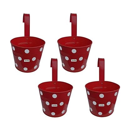 Kraftsplanet Garden Decor Set of Four Polka Painted Ribbed Design Railing planters with Detachable Hooks