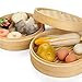 Flexzion Bamboo Steamer Basket Set (8 Inch) with 50x Steamer Liners and 2 Pairs of Chopsticks, Chinese Steamer for Cooking Food