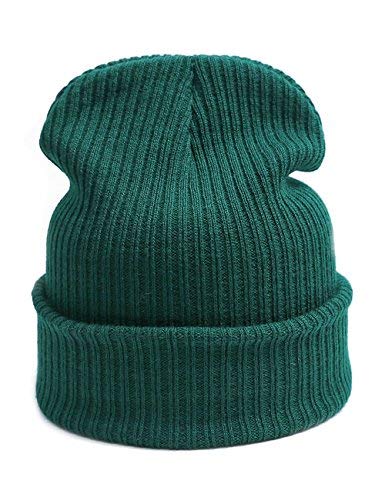 Slouchy Beanie Casual Knitted Winter Hat Cuffed Plain Warm Cap Pure Color Simple Skull Cap for Women Men (Medium, Green)