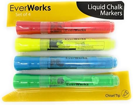 Everworks Liquid Chalk Markers for Glass Boards, White Boards, Windows, Dry Erase Boards, Blackboards and more/Perfect for Art, Offices, Schools and Home Use- Thick Chisel Tip & Set of 4 Markers