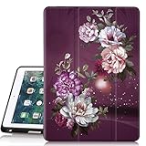 Hocase iPad 6th/5th Generation Case, Trifold Folio Smart Case with Apple Pencil Holder, Auto Sleep/Wake Feature, Soft TPU Back Cover for iPad A1893/A1954/A1822/A1823 - Royal Purple/White Flowers
