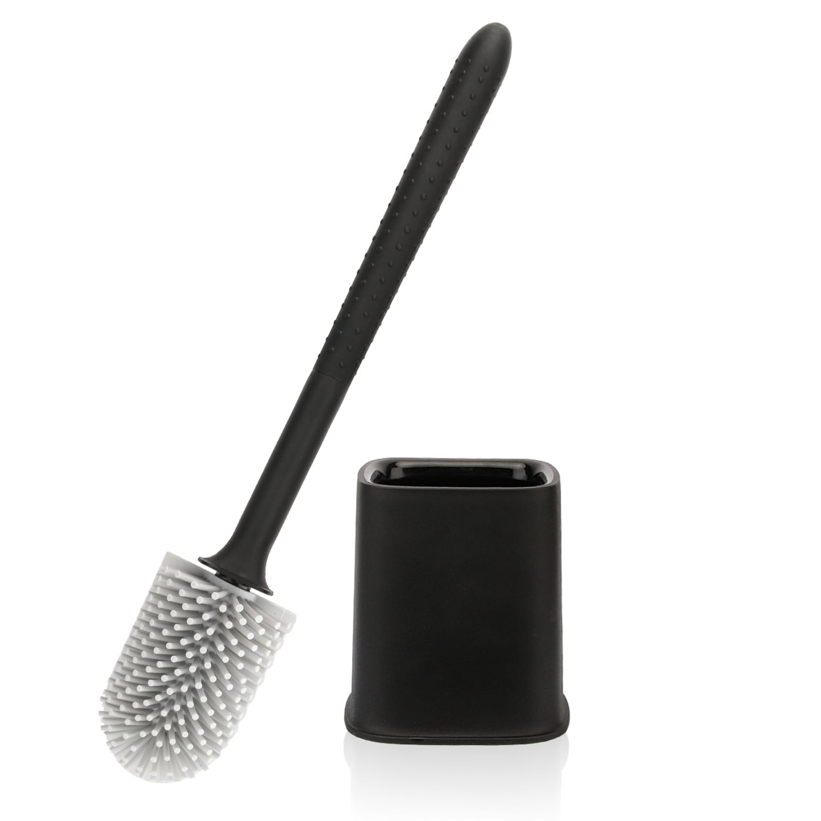 Canvint Silicone Toilet Brush and Holder Set With Quick-Drying Design for Dead Corner Deep Cleaning, Flexible No-Slip Long Plastic Handle for Bathroom (Black)