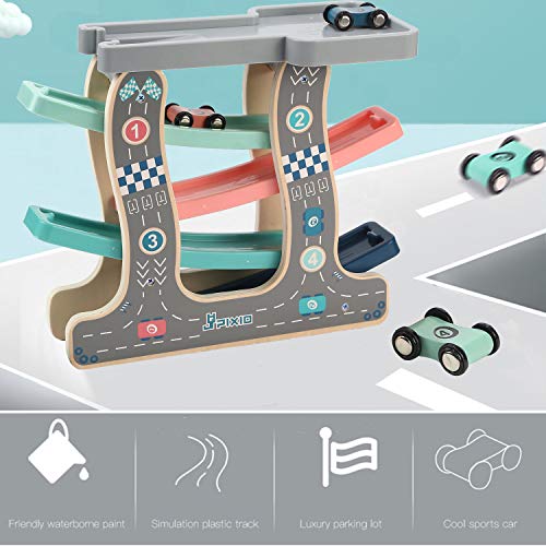 image for Jamohom Wooden Ramp Race Car, Race Track Parking Garage Set, 4 Wood La