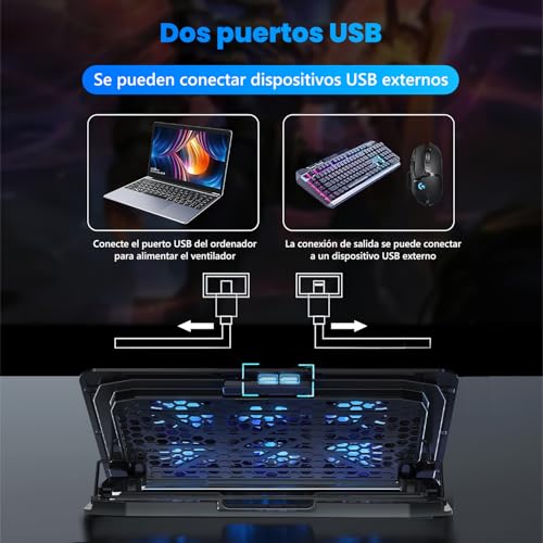 Ventilador para Laptop con 6 Ventiladores Silenciosos,Enfriador Laptop de 5 Ángulos Ajustables,Base de Refrigeración para Ordenador Portatil con Luces LED,Dos Puertos USB para Portatil de 12"-17.3"