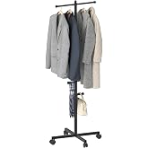 Koutemie 62" T-Shaped Coat Rack Hanger Stand Freestanding with Wheel, Black | Heavy Duty Rolling Free Standing Garment Rack with 4 Hooks, Adjustable Clothing Racks for Hanging Coats, Hats, Bags, Scarves