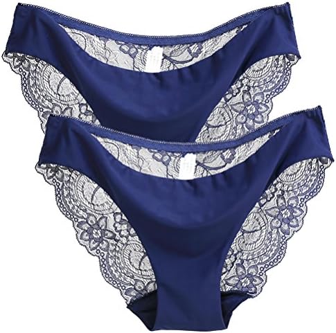 Womens Lace Bikini Underwear Low Waist Sexy Seamless Panties For Women Half Back Coverage Panties (XXL, Blue 2 Pack)