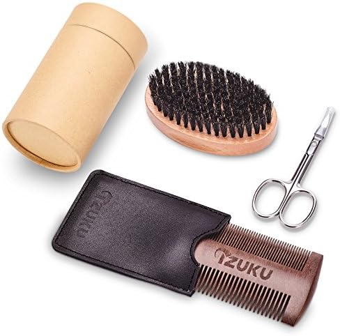 Beard Brush, Beard Comb, Beard Scissors Beard Grooming & Trimming Kit for Men Care-Gift Box&High-Grade Leather Bag-Natural Boar Bristle Brush, Black Gold Sandalwood Comb & Stainless Steel Scissors