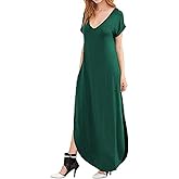 Match Women's V-Neck Casual Loose Short Sleeve Long T-Shirt Dress Split Maxi Dress with Side Pocket