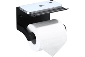 HOMELY TROVE Toilet Paper Holder with Phone Shelf, Self Adhesive Aluminum Tissue Roll Dispenser for Mega Roll, Wall Mounted Toilet Paper Roll Holder for Bathroom, Matte Black