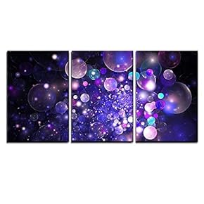 3 Piece Canvas Wall Art - Abstract Glowing Purple and Blue Bubbles on Black Background. Fractal Art - Modern Home Art Stretched and Framed Ready to Hang - 16"x24"x3 Panels