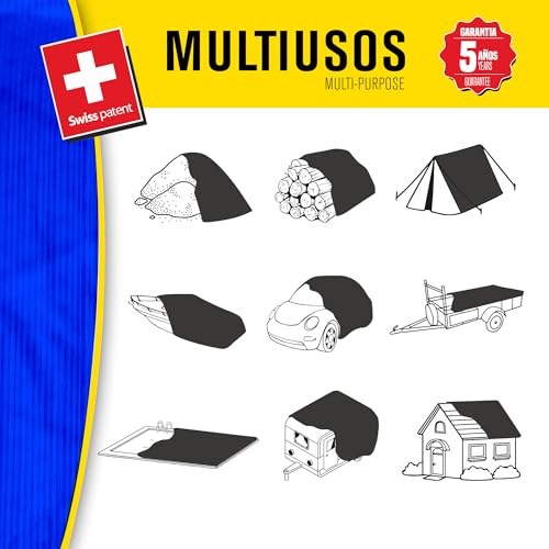 Bikain - Waterproof Outdoor Tarpaulin - 5 x 8 Metres - 70 g/m2 Reinforced - Tear-Resistant Rings - 100% Waterproof and 100% UV Protection Canopy - Multipurpose Cover - 3 Layers Cross Laminated