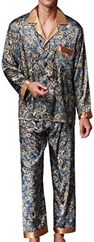 Musen Men Sleepwear Silk Pajama Set Pajama Shirt and Pant Satin Loungewear Navy Blue 4XL