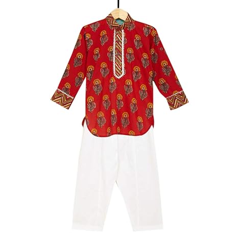 LIL PITAARA By Hopscotch Boys Pure Cotton Kurta With Salwar Set in Red Color