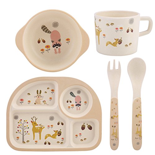5Pcs/Set Bamboo Fiber Children Board Food Plate Bowl Spoon Fork Set Dishware Cartoon Non Toxic & Eco Friendly Kids Healthy Mealtime(#3)