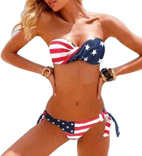 Egelbel Sexy Stars and Stripe Strapless Padded Twisted Tie Side Flag Swimsuit (M(US4-6), usflag)