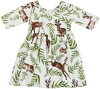 Kehen Toddler Baby Girl Floral Leaves Deer Print Half Sleeve Princess Pageant Dresses