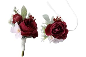 MAFELOE 2Pcs Artificial Flowers Wrist Corsage and Boutonniere Set, Groom Groomsmen Bride Bridesmaids Wedding Flowers Accessories Prom Party Suit Decorations - Wine Red