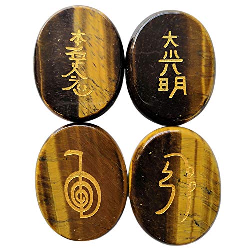 Lovionus89 4 Pcs Tiger's Eye Engraved Chakra Stones Healing Crystal Reiki Balancing Palm Stone, 45mm