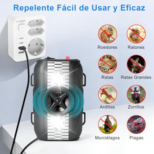 2PCS Ultrasónico Ahuyentador de Ratas para Coche con Flash, 3 Modos de Carga, Ahuyentador de Martas para Coche para Aticos, Hogar, Jardín y Automóviles