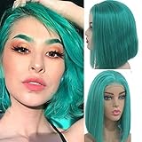 Myfashionhair Affordable Wigs Silky Straight Good Quality Wigs 8 inch 180% Density Affordable Lace Front Wigs with 13x4 Swiss Lace and Adjustable Cap, Pre Plucked Human Hair Wigs (Lake Blue)