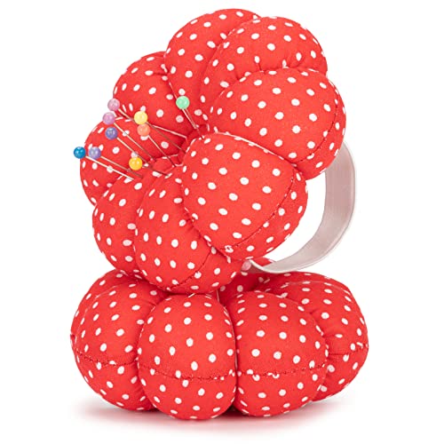 NEOVIVA Pincushions for Sewing with Wristband, Cute Wrist Pin Cushion for Daily Needlework, Style Pumpkin, Pack of 2, Polka Dot Red