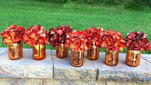 Seven Autumn / Fall Wedding Party Centerpieces, Rust and Burnt Orange Centerpieces, Copper Quart-Size Mason Jar Centerpieces