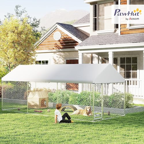 PawHut Outdoor Dog Kennel with Roof, Heavy Duty Dog Run Outdoor Fence Cage with Adjustable & Rotating Bowls, Water-Resistant UV-Resistant Cover, Secure Lock, 19.7' x 7.5' x 7.5'