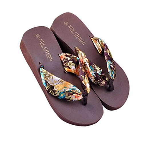 Summer Sandals,Boomboom ewest Soft Bohemia Floral Beach Sandals Wedge Platform Thongs Slippers (US 5.5, Coffee)