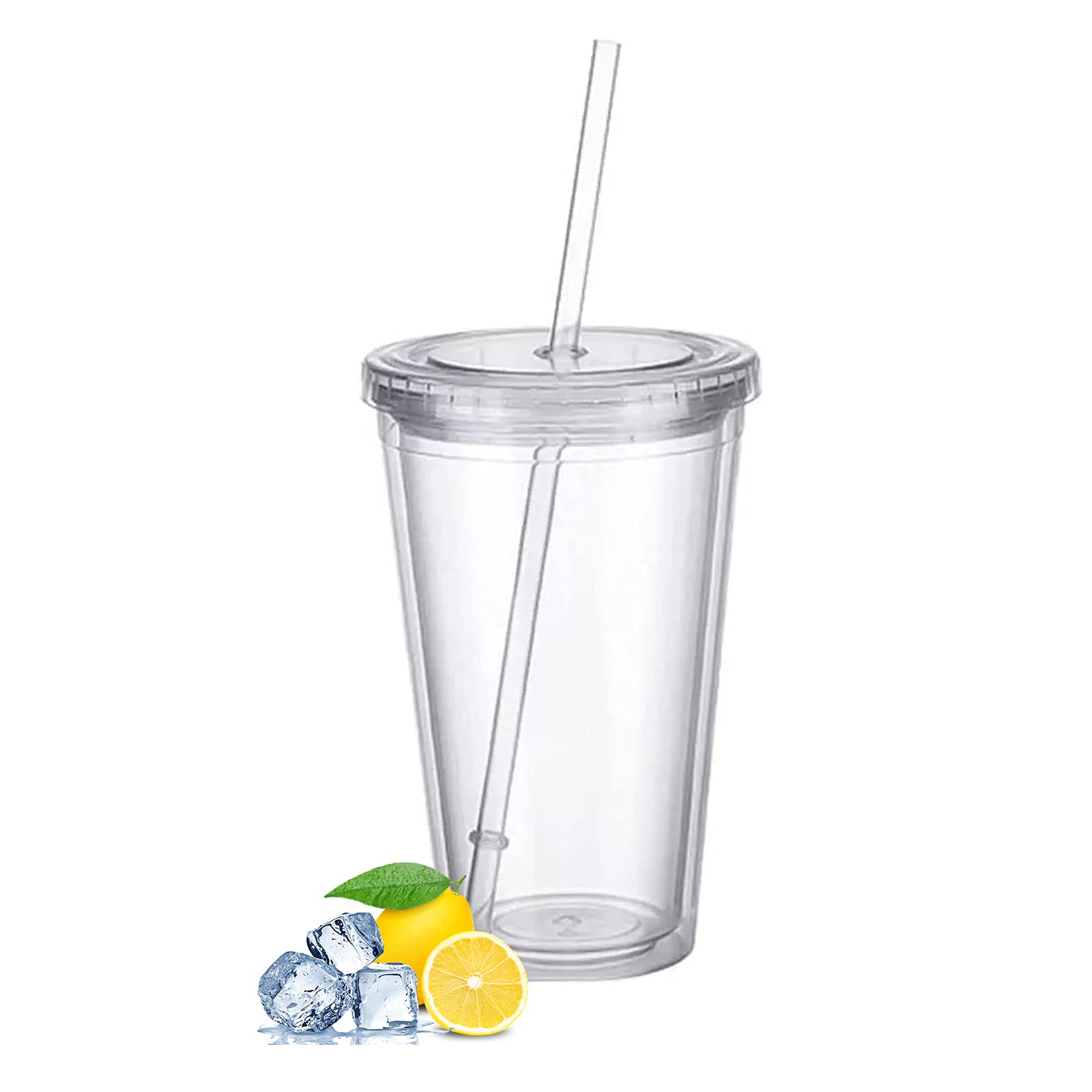 Reusable Plastic Cups, Double-Walled Transparent Drinking Cup with Straw, Reusable Cups, Suitable for Fruit Juice, Coffee (500 ml)