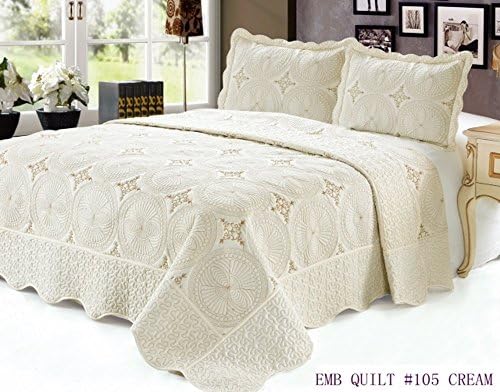 Quilt Queen Size 3 pc Embroidered Bed Set / Bedspread / 2 Pillow Sham (Cream)