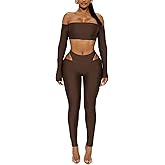 YOUFE Womens Two Piece Set Off The Shoulder Long Sleeve Crop Top High Waist Hollow Bodycon Pant Sexy Out Going Club Outfit