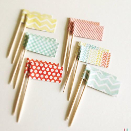 12 Mint, Coral, Yellow. Chevron, Stripe, Polka Dot Flag Party Pick Cupcake Toppers, Hand Cut Card Stock Attached to Toothpick
