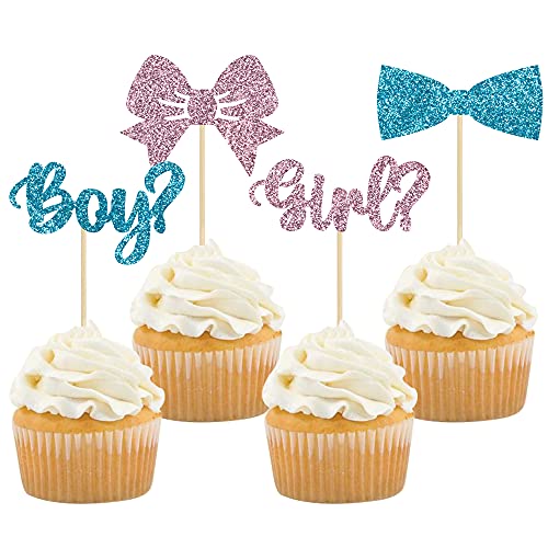 Gyufise 36Pcs Boy or Girl Cupcake Toppers Glitter Bow Tie Cupcake Picks Baby Shower Cake Topper