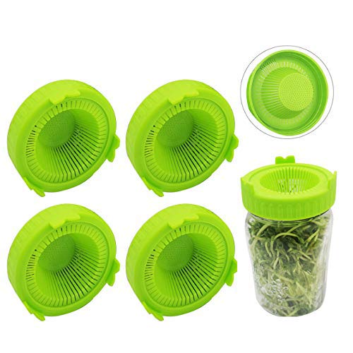 Bsopem 4Pcs Sprouting Lids, Plastic Sprouting Jar Kit, Wide Mouth Mason Jars Lids, for Bean Sprout Alfalfa Salad Sprouts(Green)