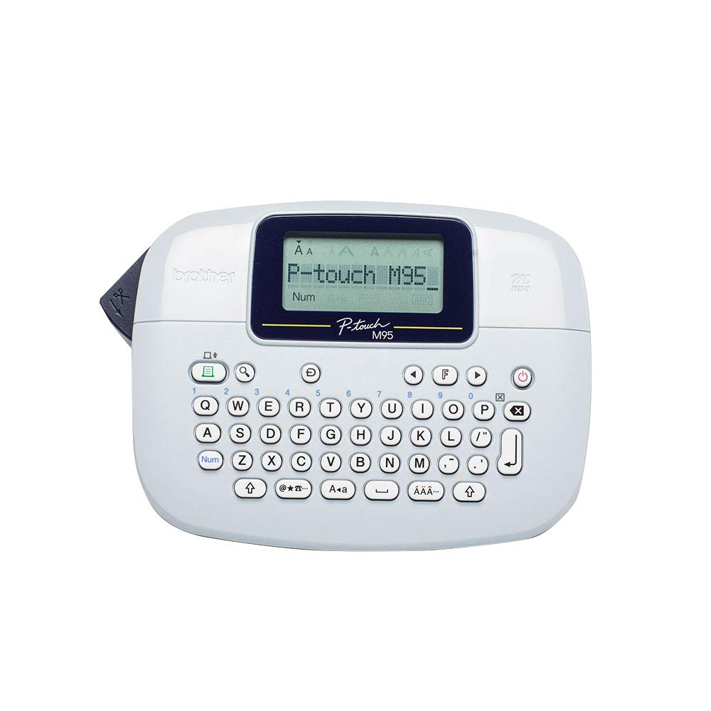 Brother PT-M95 Label Maker, P-Touch Label Printer, Handheld, QWERTY Keyboard, Up to 12mm Labels, Includes 12mm Black on White Tape Cassette