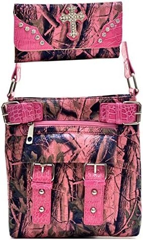Western Camouflage Camo Cross Body Messenger Bag With Matching Wallet - Pink