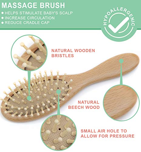 Wooden Baby Hair Brush and Comb Set (4-Piece) for Newborns and Toddlers | Ideal for Baby Cradle Cap | Wood Bristles Baby Massage and Scalp Brush | Perfect for Baby Registry Gift Set