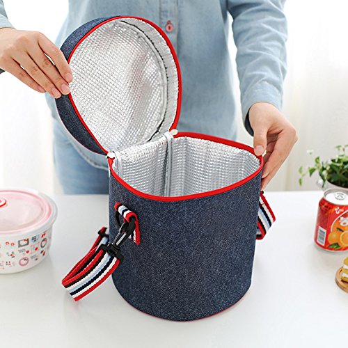 Insulated Lunch Bag Cooler Tote Bags For Women Men Kids, Travel Picnic Foods Box Drinks Thermal Carry Bag Container Organizer Case Handbag (Cylinder-Blue&Red, 7.9x9.8inch) - Thumbnail 2