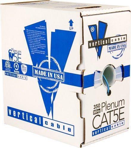 Vertical Cable CAT5E, 350 MHz, UTP, 24AWG, 8C Solid Bare Copper, Plenum, 1000ft, Blue, Bulk Ethernet Cable - Made in USA