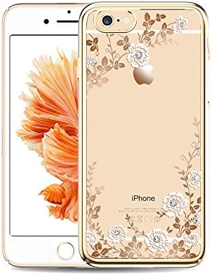 Sunba Youth Phone Case, Clear iPhone 6s Plus Case for Girls, Garden Floral Flower with Swarovski Element Crystal for iPhone 6 Plus 6S Plus, Transparent Hard PC, Gold