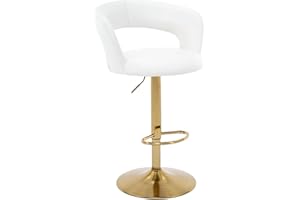 Brage Living Wide Bar Stool, Modern PU Leather Swivel Adjustable Barstool with Hollow Back and Arms, Upholstered Airlift Counter Height Bar Chair for Kitchen Dining (Pearl White, Gold Base)