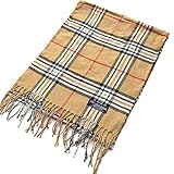 100% Cashmere Scarf Elegant Collection Made in Scotland Wool Buffalo Tartan Windowpane Check Plaid (Black Camel White Buffalo)