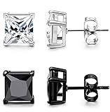 ORAZIO 2 Pairs Mens Womens Stainless Steel Stud Earrings Square Cubic Zirconia Earrings Pierced 6mm