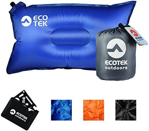 EcoTek Outdoors Compact Inflatable Camp Travel Pillow + Bonus 11-in-1 Wallet Multitool Survival Card [Blue]