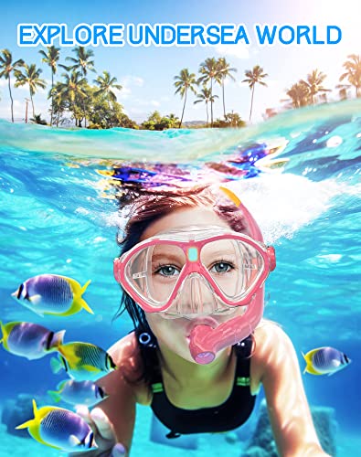 Gintenco Kids Snorkel Set, Diving Mask Dry Top Snorkel Set Kids, Anti-Fog Panoramic Snorkel Mask Impact Resistant Tempered Glass, Snorkelling Gear with Breathing Tube for Youth Junior Girls Boys
