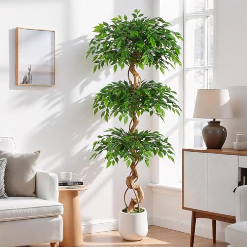 Keeplush - Artificial Ficus Plant, 180cm with White Pot, Real Large Artificial Plants with Curved Trunk and 1860 Leaves Artificial Tree for Indoor Living Room Decor