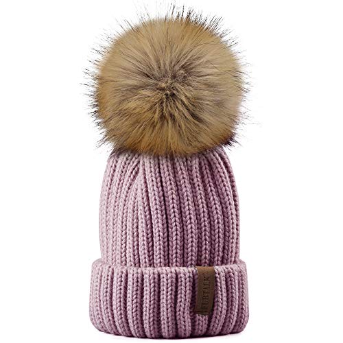 FURTALK Kids Winter Hat Toddler Knitted Pom Beanie Hat Cotton Lined Faux Fur Pom Pom Cap Baby Girls Boys Beanies