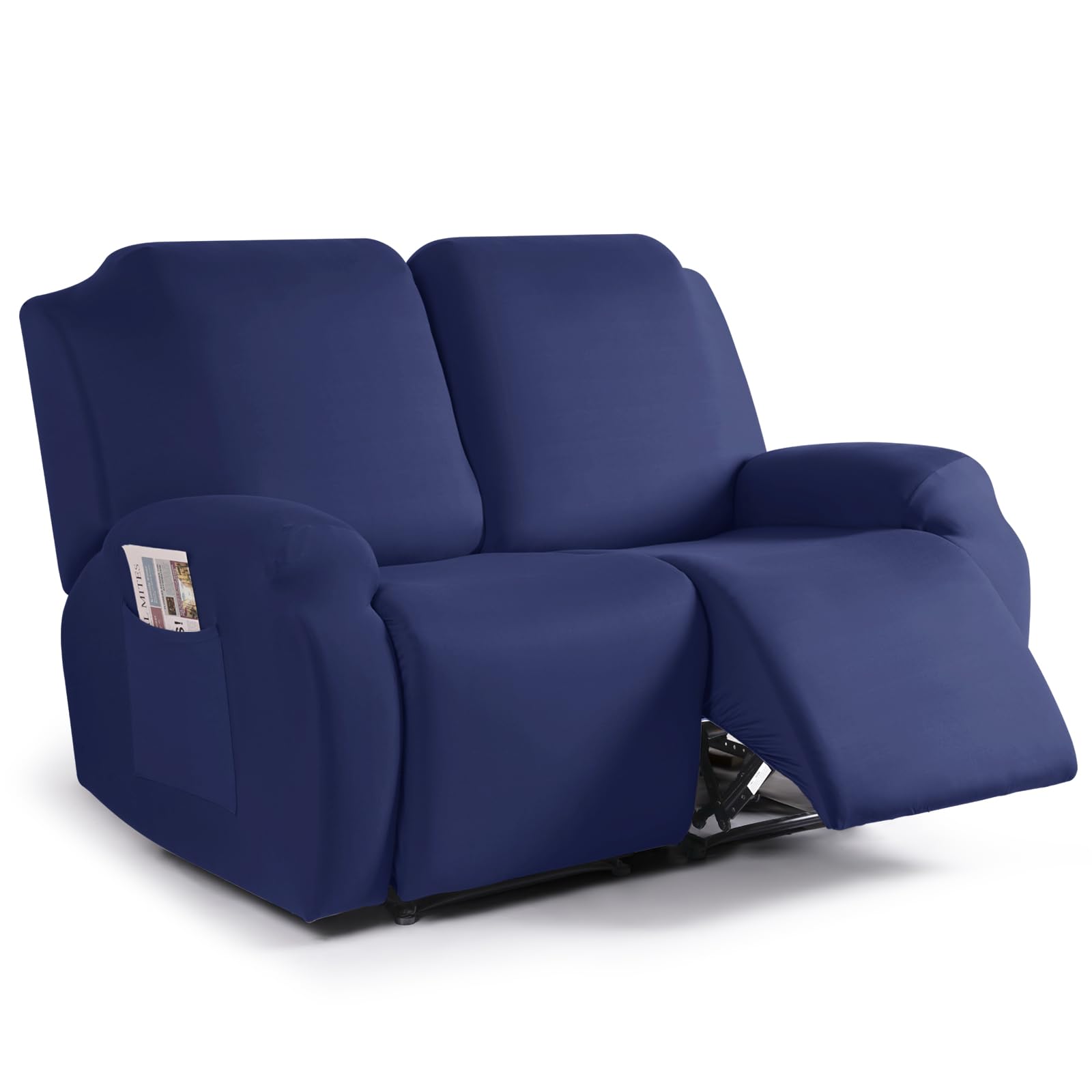 TAOCOCO Stretch Recliner Loveseat Cover 2 Pieces Couch Covers for 2 Seat Reclining Sofa, Soft Polyester Fabric Washable Furniture Protector Loveseat Couch Cover with Pockets (2 Seat, Dark Blue)