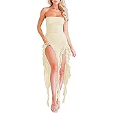 Women Summer Elegant Strapless Tube Midi Bodycon Dresses Irregular Ruffle Tassel Party Dress